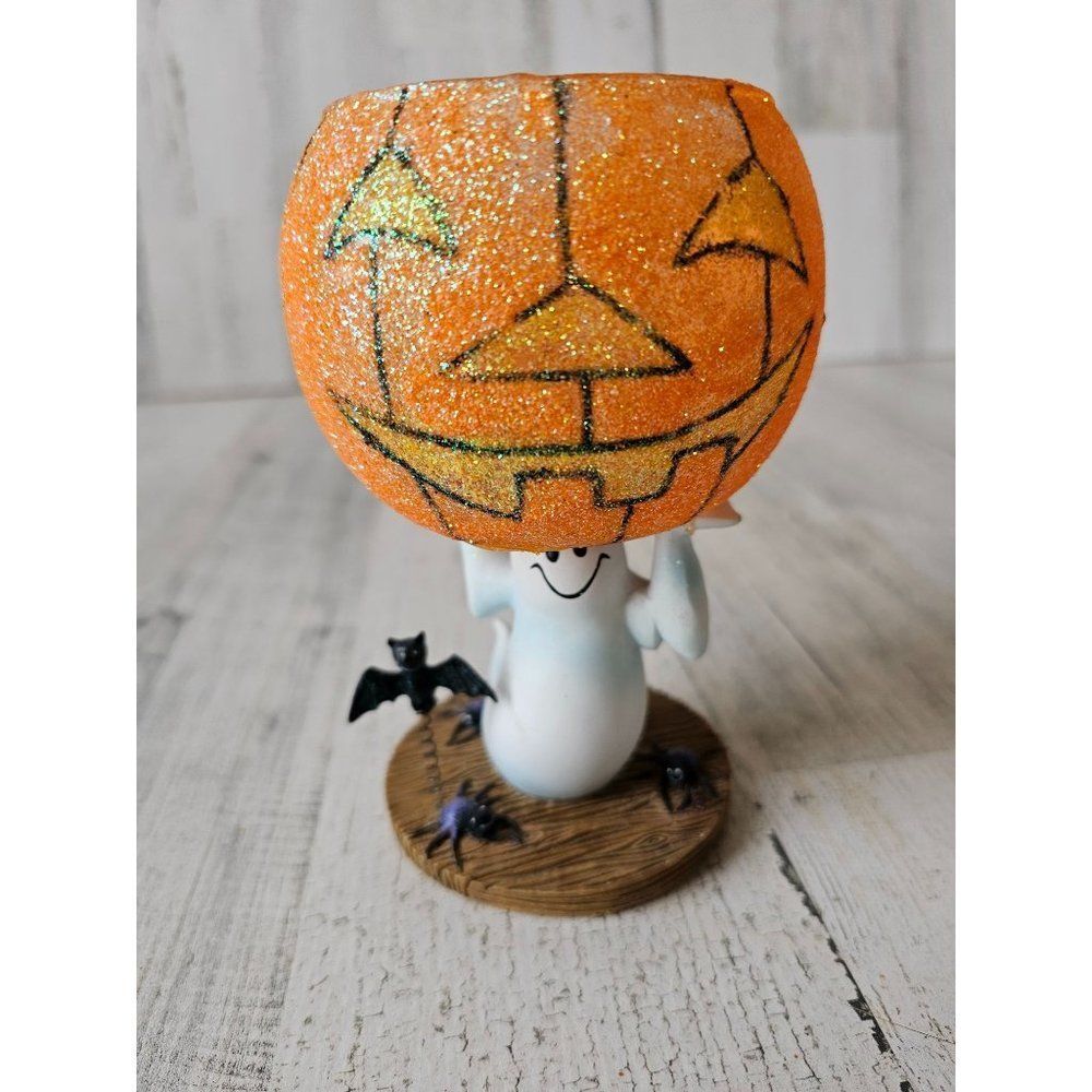 Ghost pumpkin candle holder glitter‎ bat vintage glass Halloween decor
